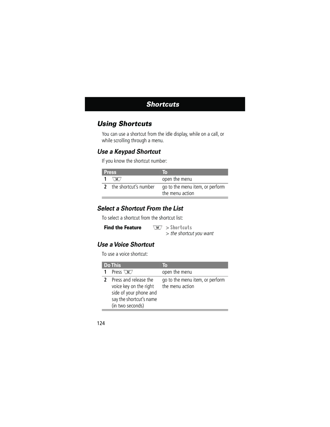 Motorola 280 manual Using Shortcuts, Use a Keypad Shortcut, Select a Shortcut From the List, Use a Voice Shortcut 