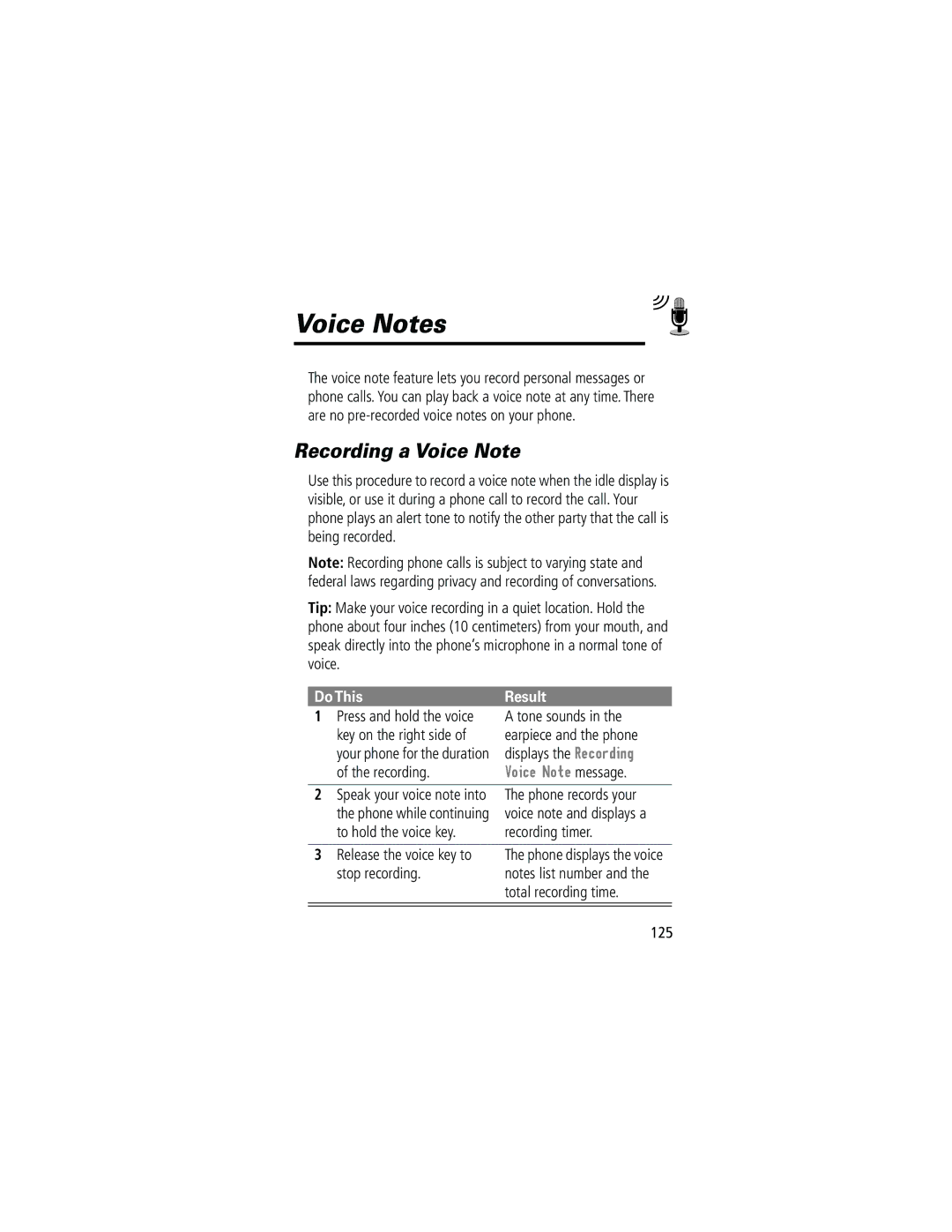 Motorola 280 manual Voice Notes, Recording a Voice Note, Do This Result, Voice Note message 