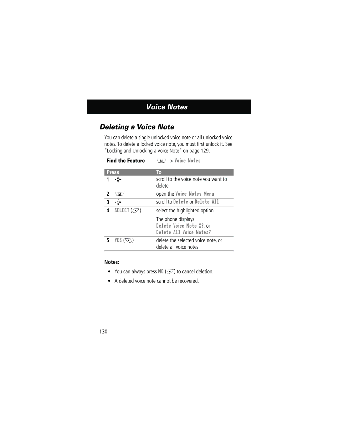 Motorola 280 Deleting a Voice Note, Scroll to Delete or Delete All, Delete Voice Note X? , or, Delete All Voice Notes? 