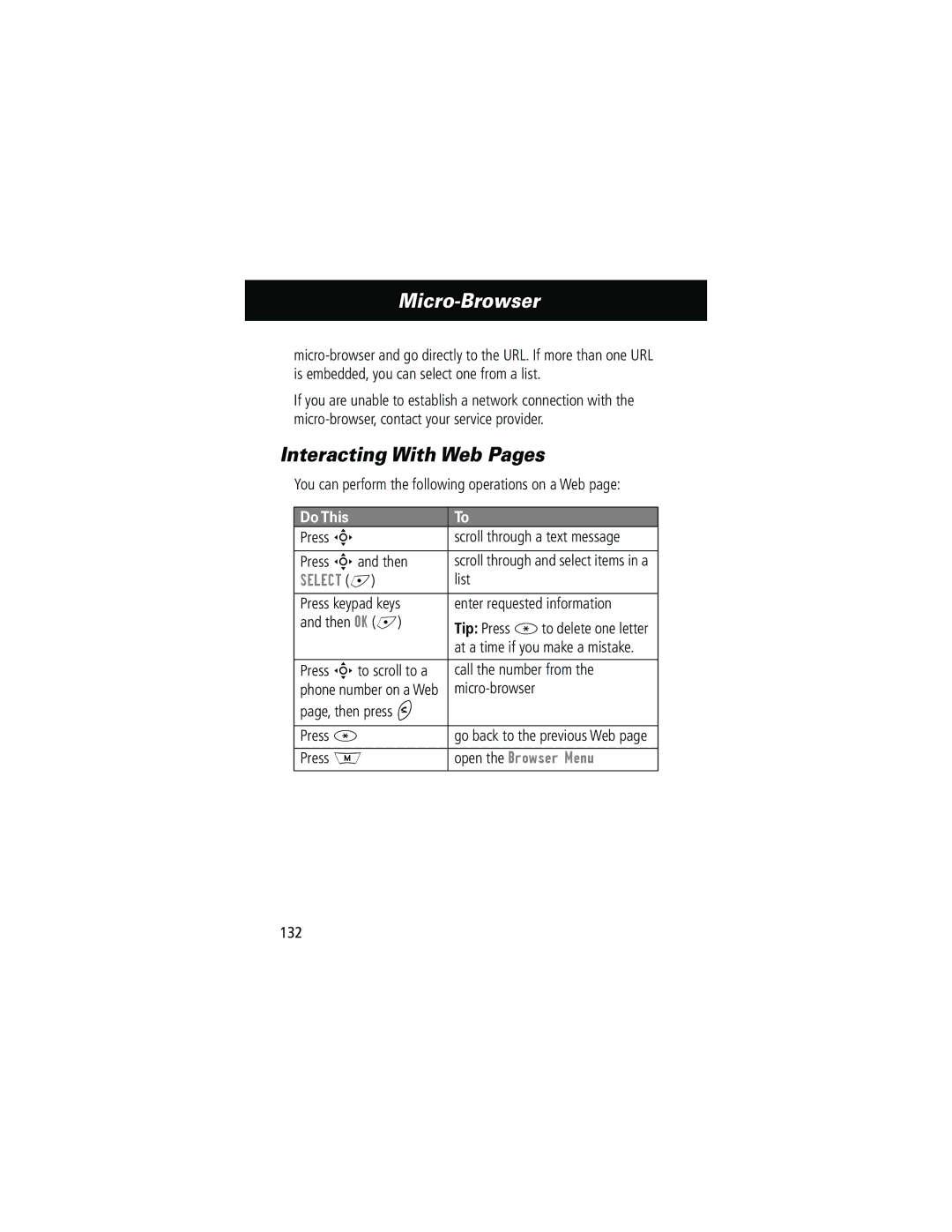 Motorola 280 manual Micro-Browser, Interacting With Web Pages, Open the Browser Menu 