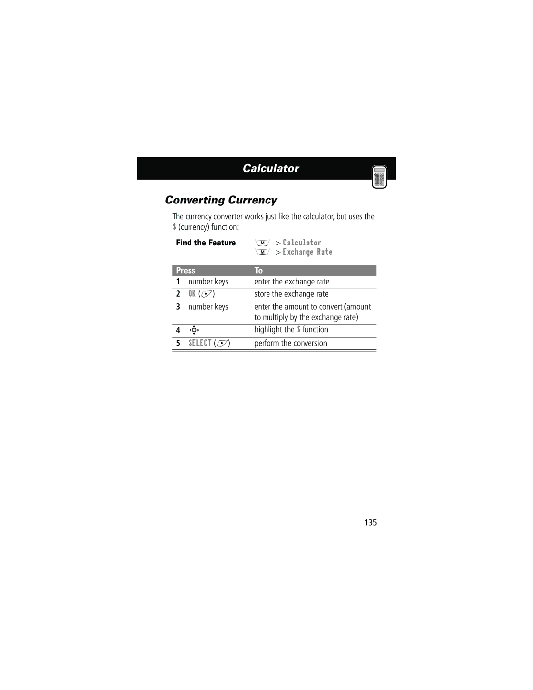 Motorola 280 manual Converting Currency, Exchange Rate 