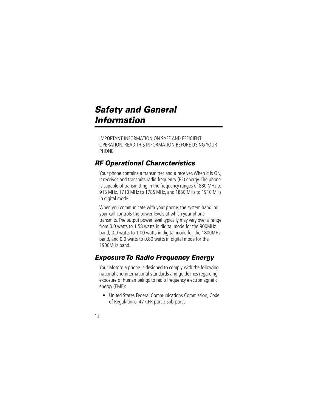 Motorola 280 manual Safety and General Information, RF Operational Characteristics, Exposure To Radio Frequency Energy 