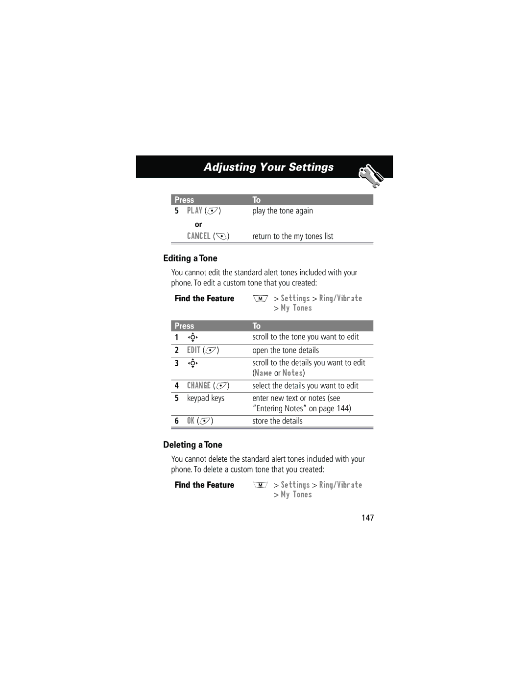 Motorola 280 Editing a Tone, Deleting a Tone, Cancel, Name or Notes, Find the Feature M Settings Ring/Vibrate My Tones 