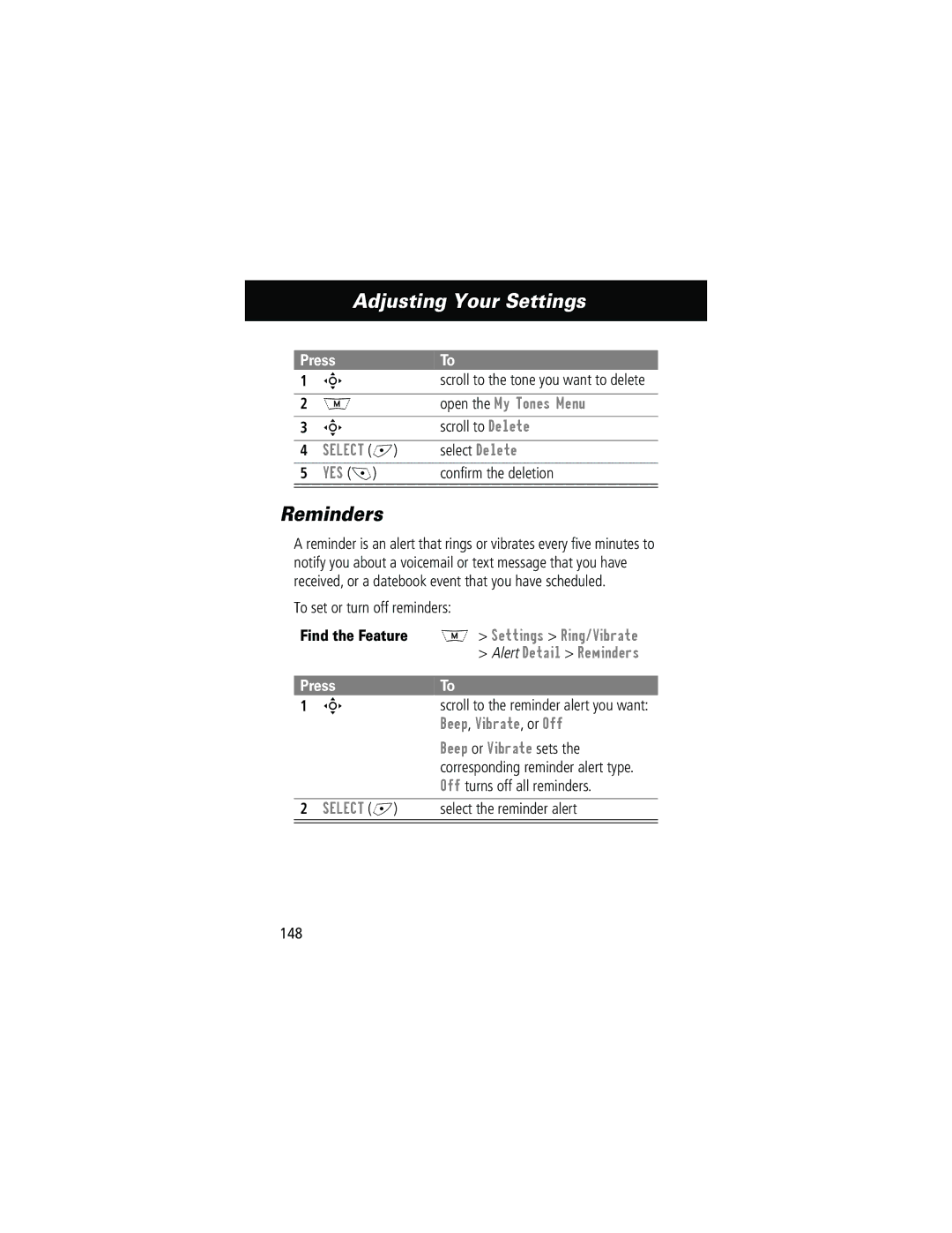 Motorola 280 manual Reminders, Beep , Vibrate , or Off, Beep or Vibrate sets 