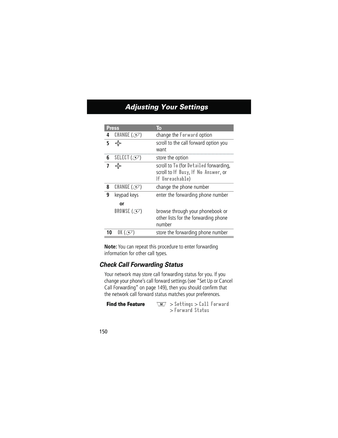 Motorola 280 manual Check Call Forwarding Status, If Unreachable, Browse + 