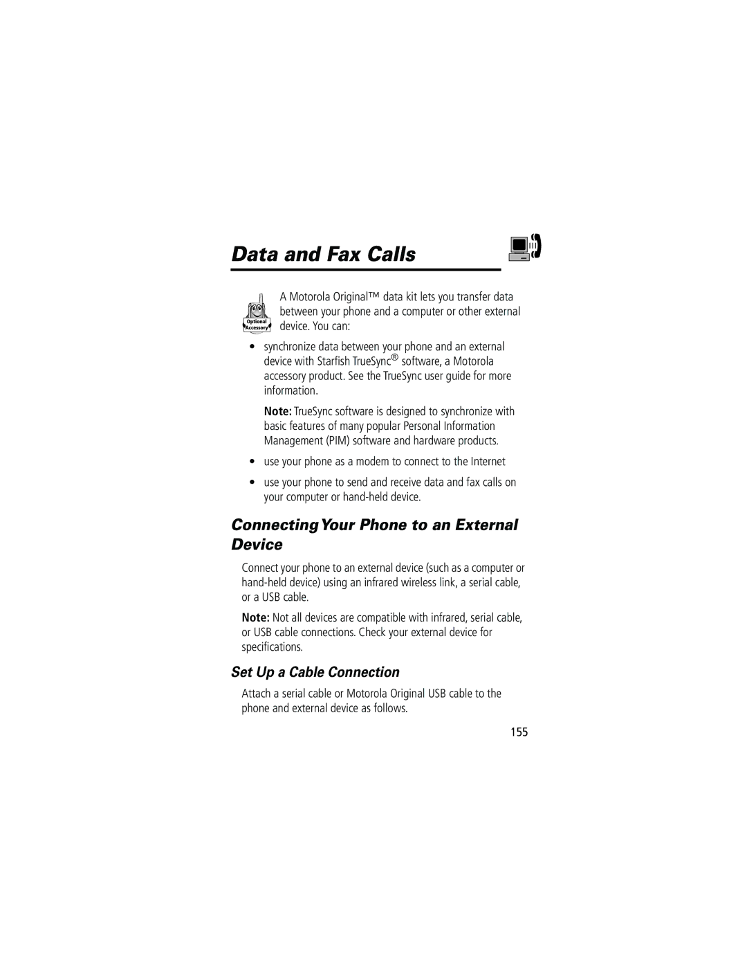 Motorola 280 manual Data and Fax Calls, ConnectingYour Phone to an External Device, Set Up a Cable Connection 