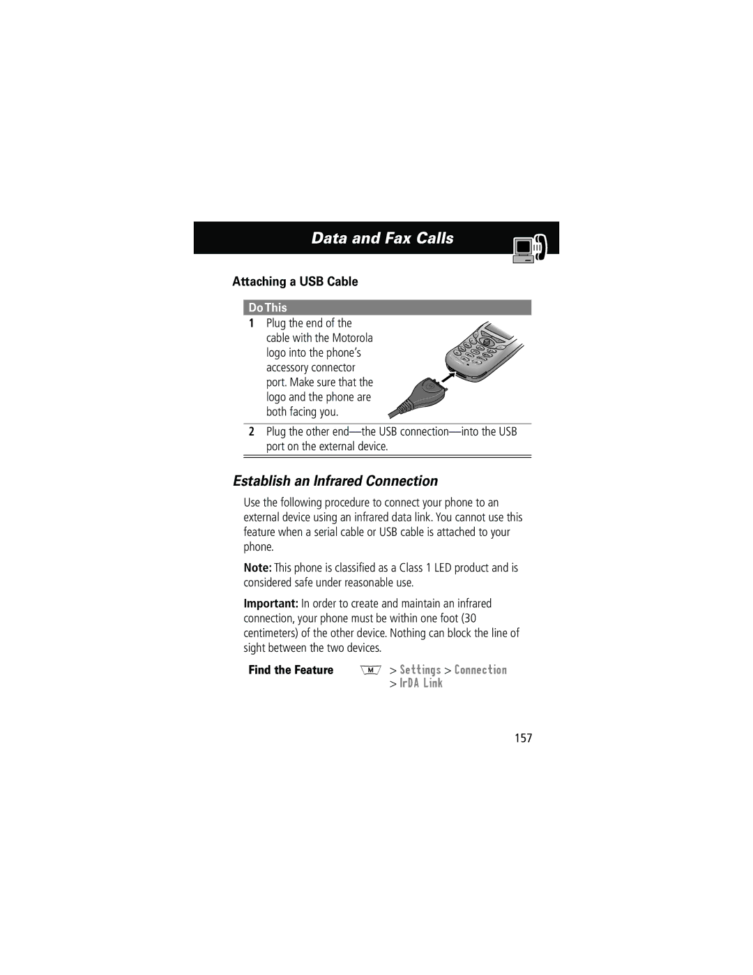 Motorola 280 manual Establish an Infrared Connection, Attaching a USB Cable, Plug the end, 157 