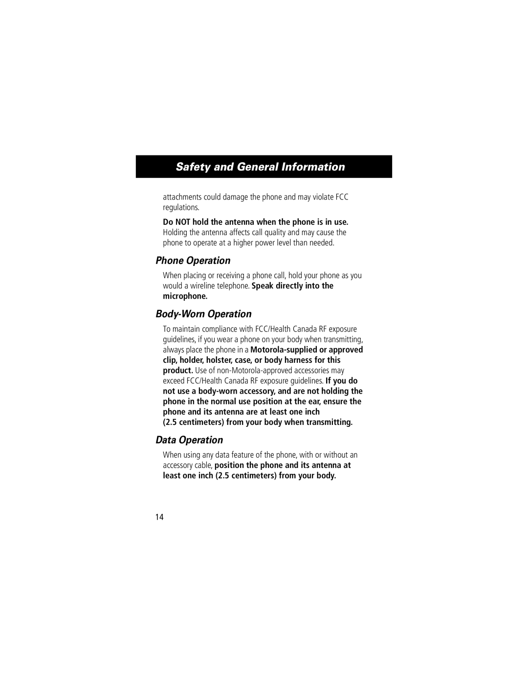 Motorola 280 manual Phone Operation, Body-Worn Operation, Data Operation, Centimeters from your body when transmitting 