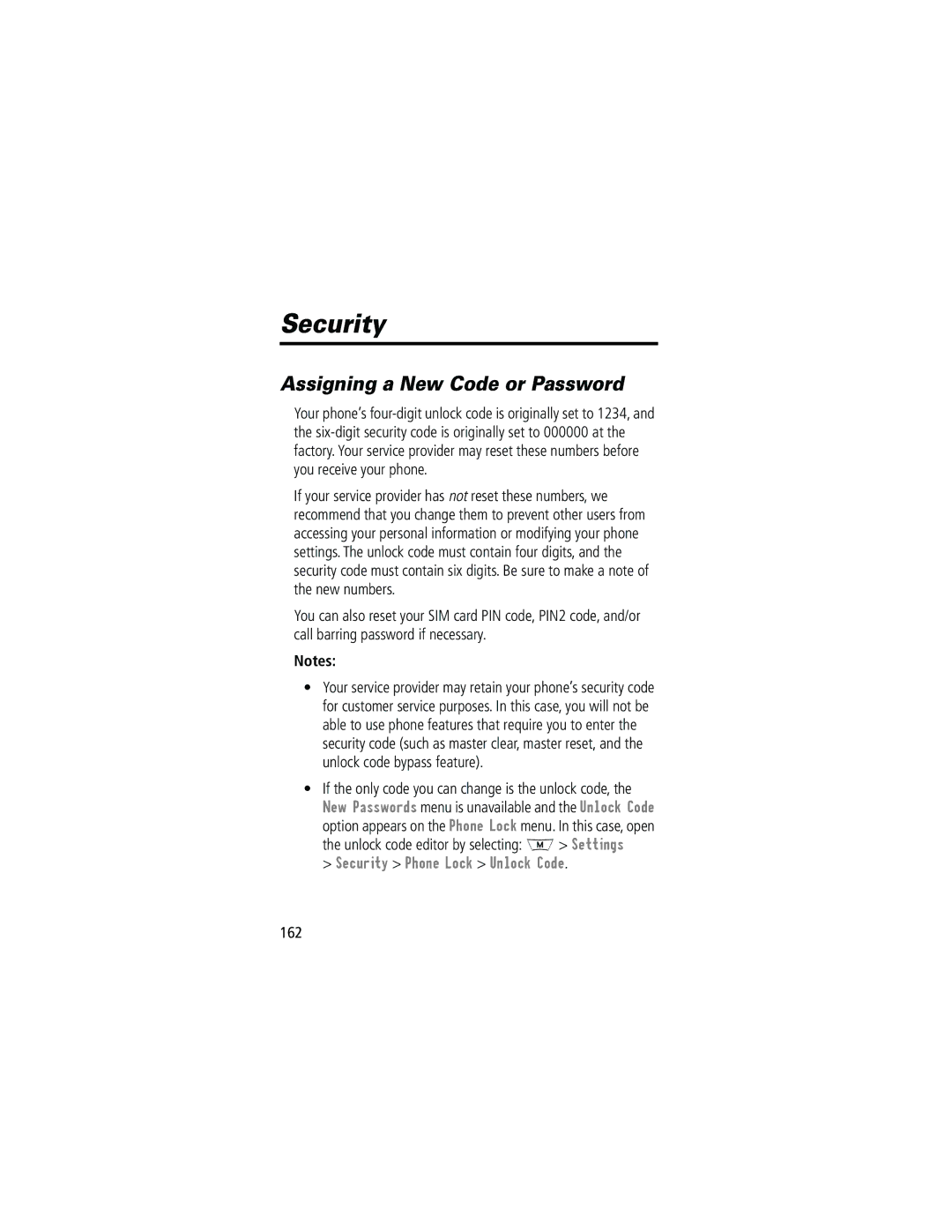 Motorola 280 manual Assigning a New Code or Password, Security Phone Lock Unlock Code, 162 