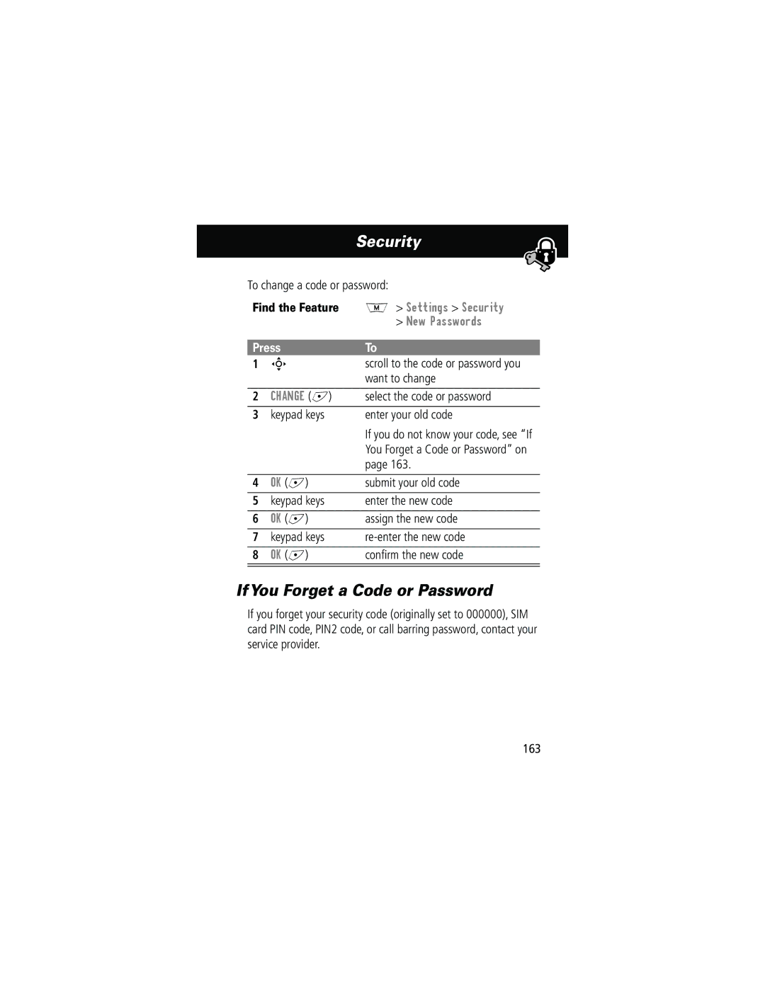 Motorola 280 manual IfYou Forget a Code or Password, Find the Feature M Settings Security New Passwords 