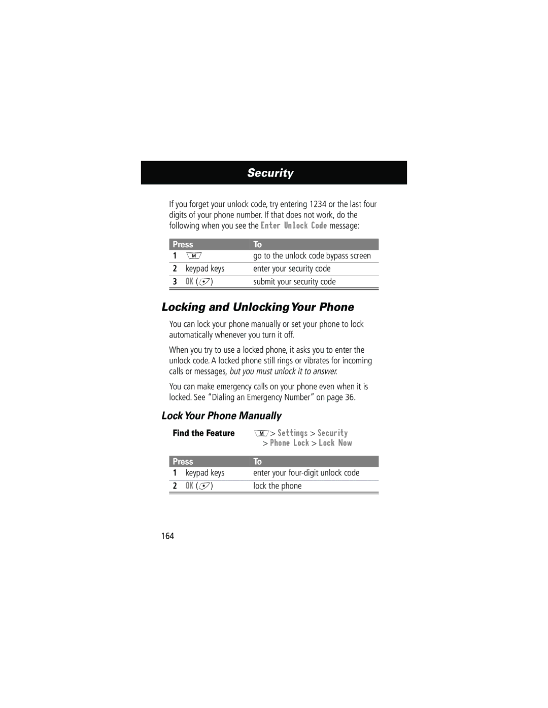 Motorola 280 manual Locking and UnlockingYour Phone, Lock Your Phone Manually, Phone Lock Lock Now 