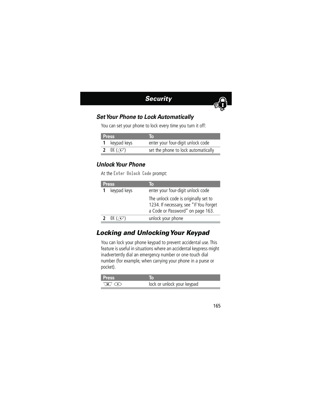 Motorola 280 manual Locking and UnlockingYour Keypad, Set Your Phone to Lock Automatically, Unlock Your Phone 