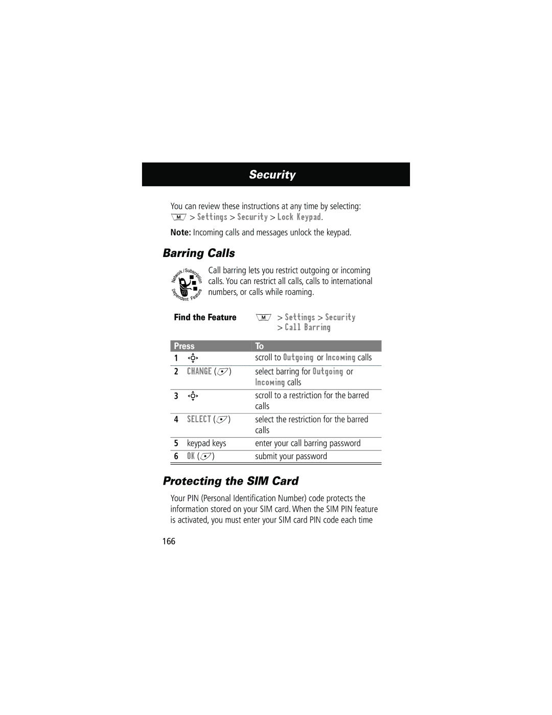 Motorola 280 manual Barring Calls, Protecting the SIM Card, Incoming calls 