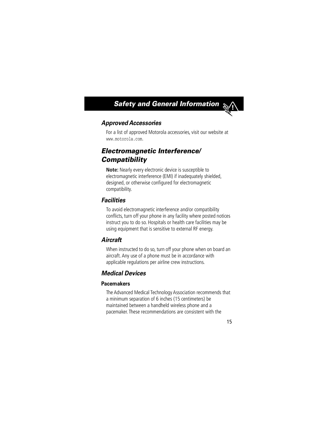 Motorola 280 Electromagnetic Interference/ Compatibility, Approved Accessories, Facilities, Aircraft, Medical Devices 