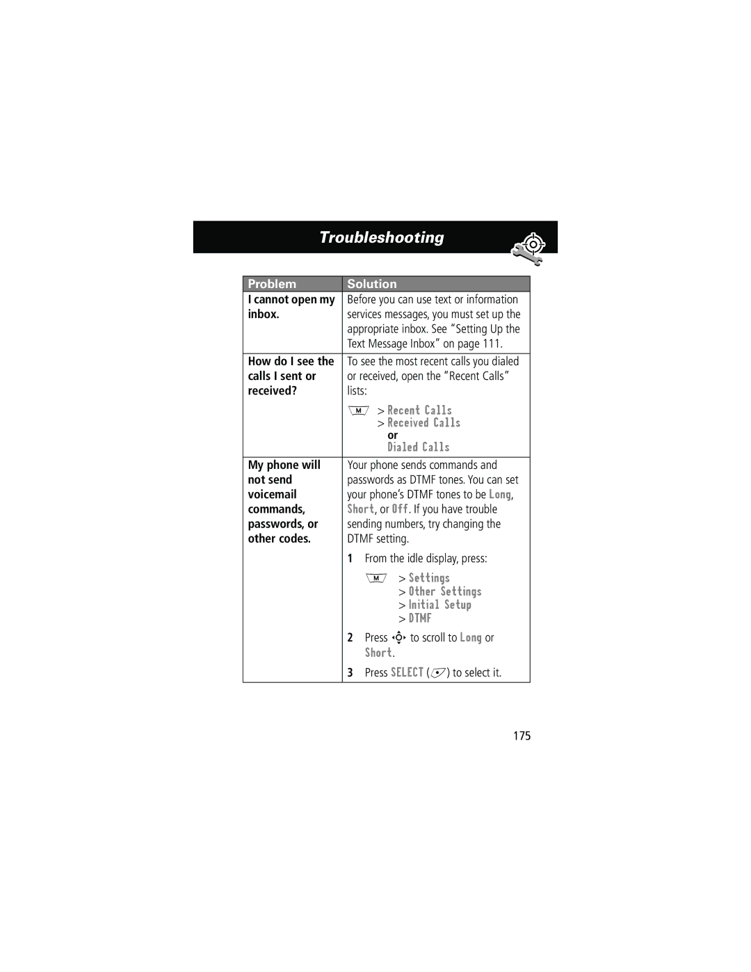 Motorola 280 Inbox, Calls I sent or, Received?, My phone will, Not send, Voicemail, Commands, Passwords, or, Other codes 