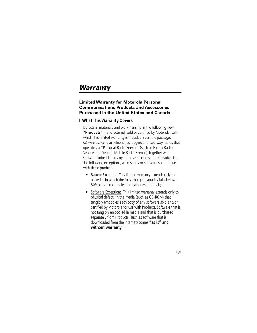 Motorola 280 manual What This Warranty Covers, 191 