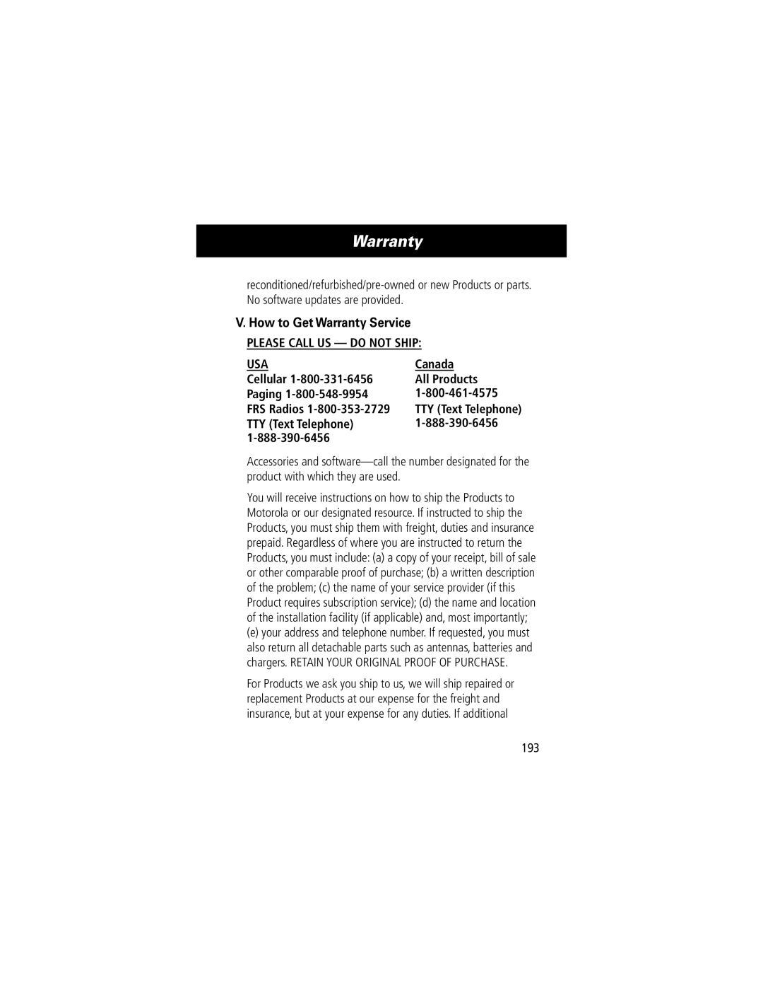 Motorola 280 manual How to Get Warranty Service, Canada, Cellular All Products Paging FRS Radios, TTY Text Telephone, 193 