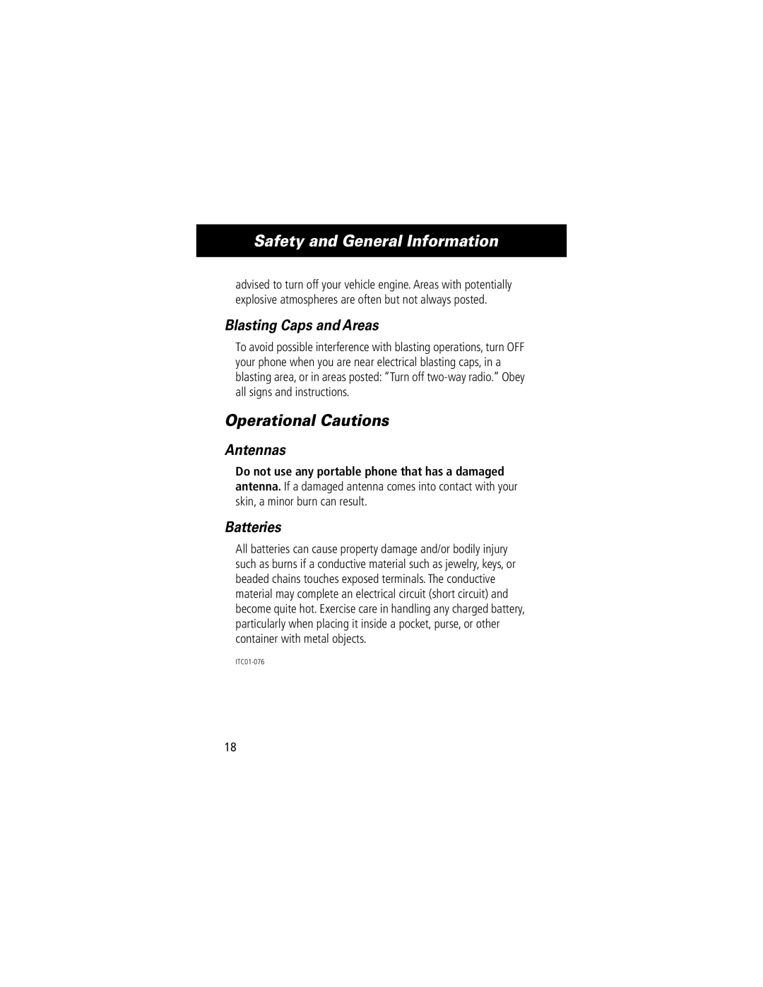 Motorola 280 manual Operational Cautions, Blasting Caps and Areas, Antennas, Batteries 