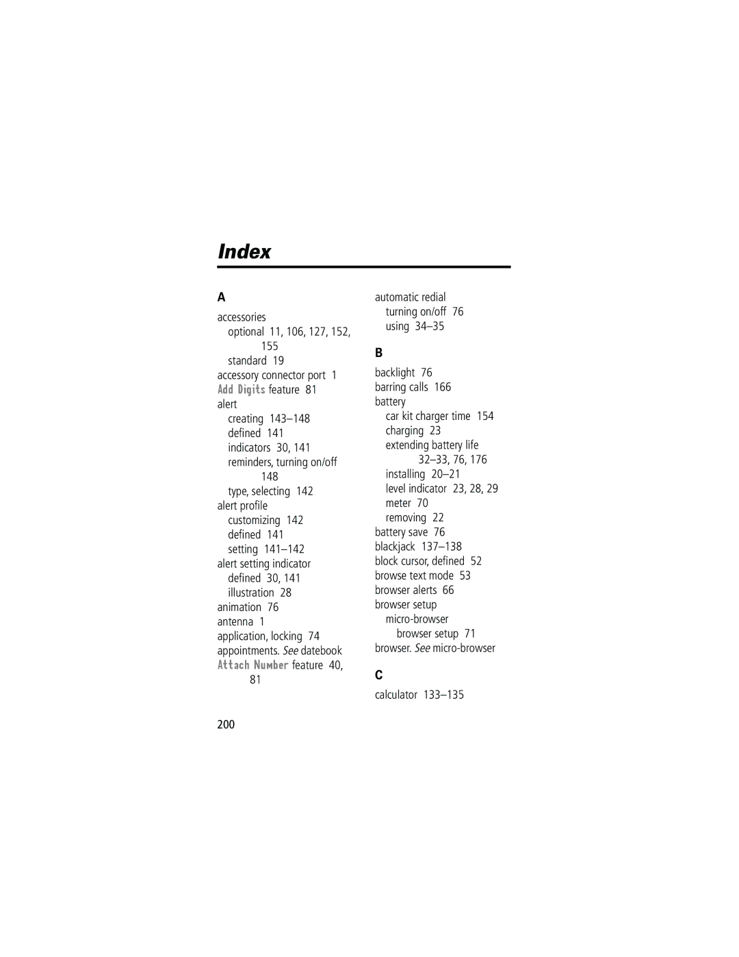 Motorola 280 manual Index, Type, selecting 142 alert proﬁle, Browser. See micro-browser Calculator 200 