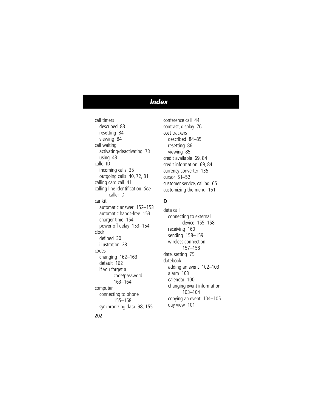 Motorola 280 manual Codes, Data call, Copying an event 104-105 day view 202 