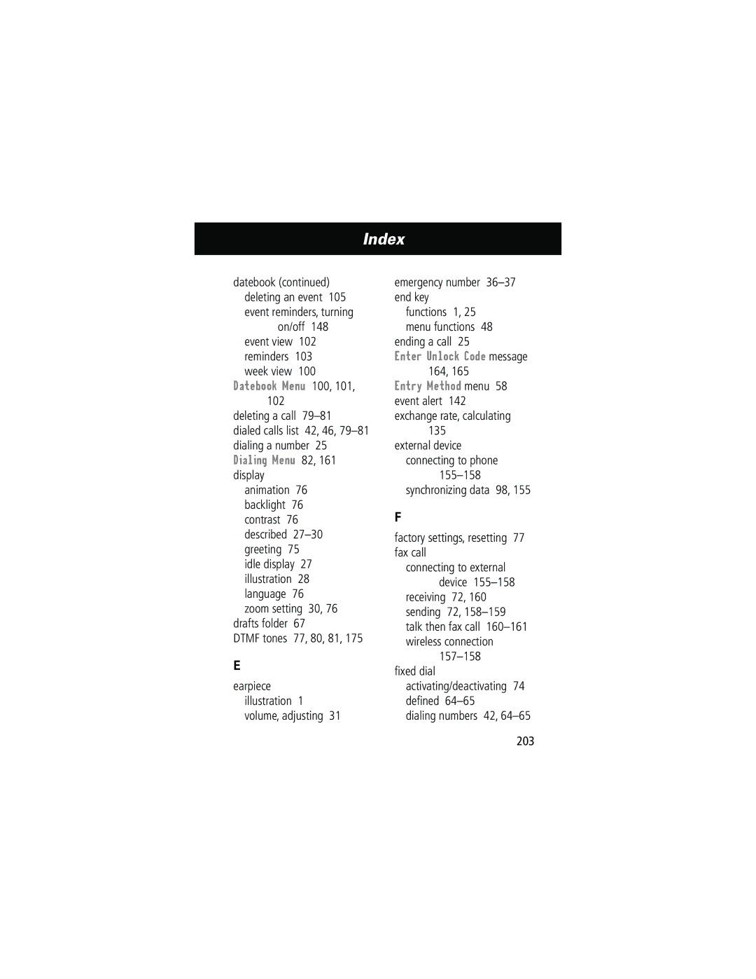 Motorola 280 manual On/off, Datebook Menu 100, Ending a call, Enter Unlock Code message 164 