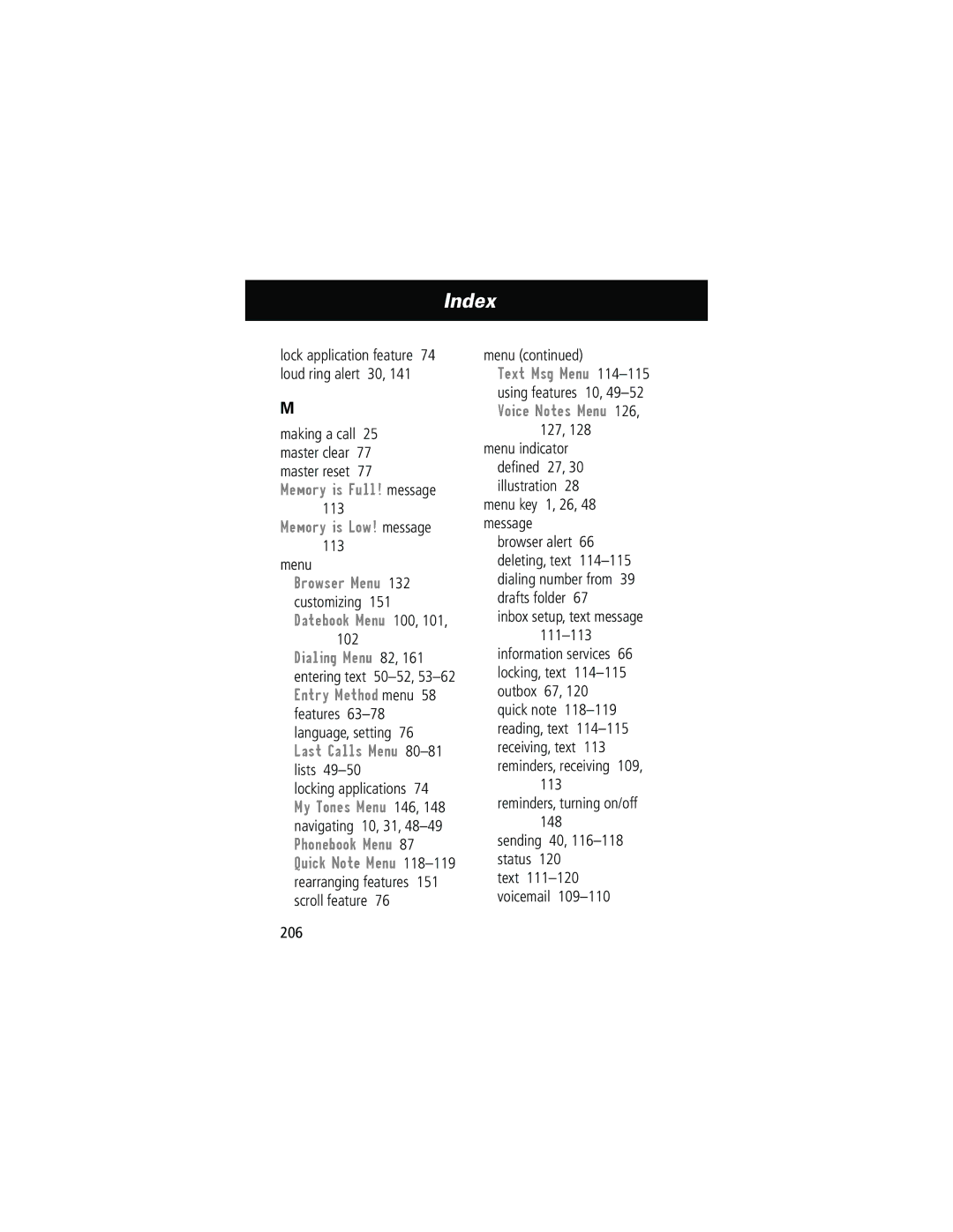 Motorola 280 manual Memory is Full! message Memory is Low! message, Menu key 1, 26, 48 message, 206 