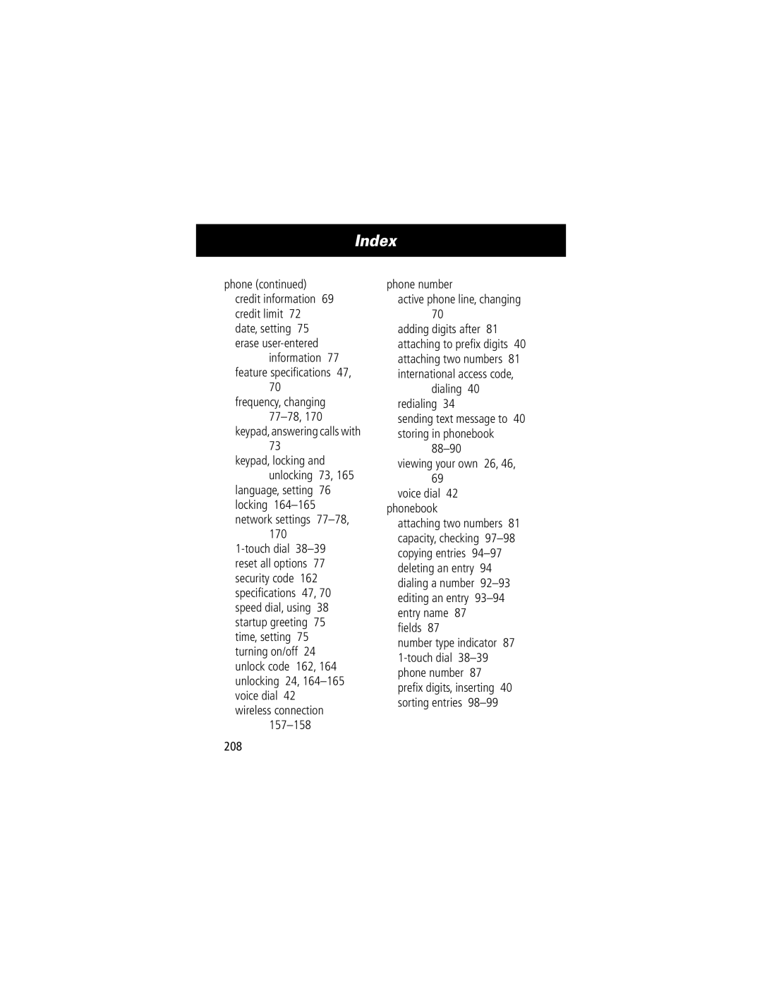 Motorola 280 manual Keypad, locking Unlocking 73, Phone number Active phone line, changing, Dialing Redialing, 208 