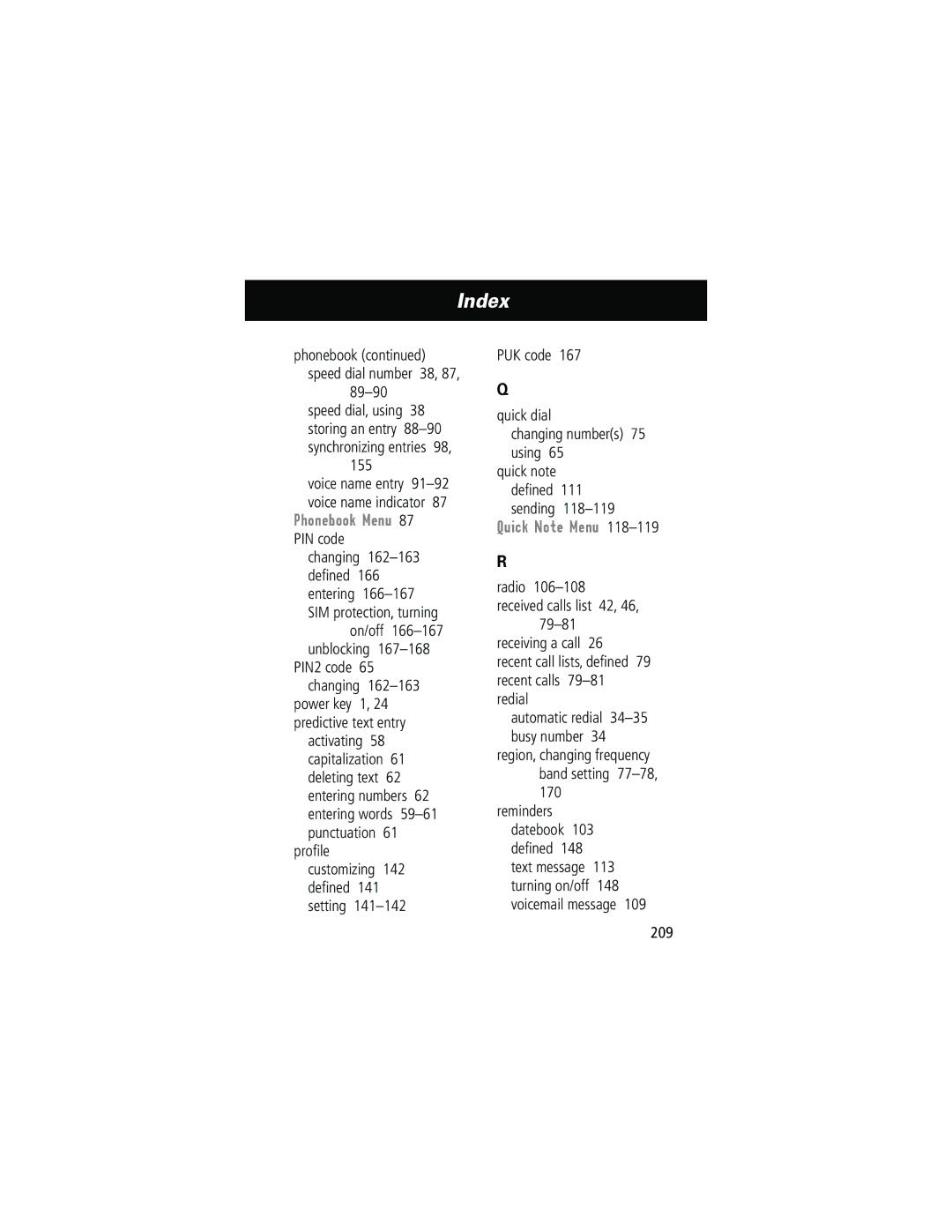 Motorola 280 manual 89-90, Phonebook Menu, PUK code Quick dial Changing numbers 75 using, Quick Note Menu 