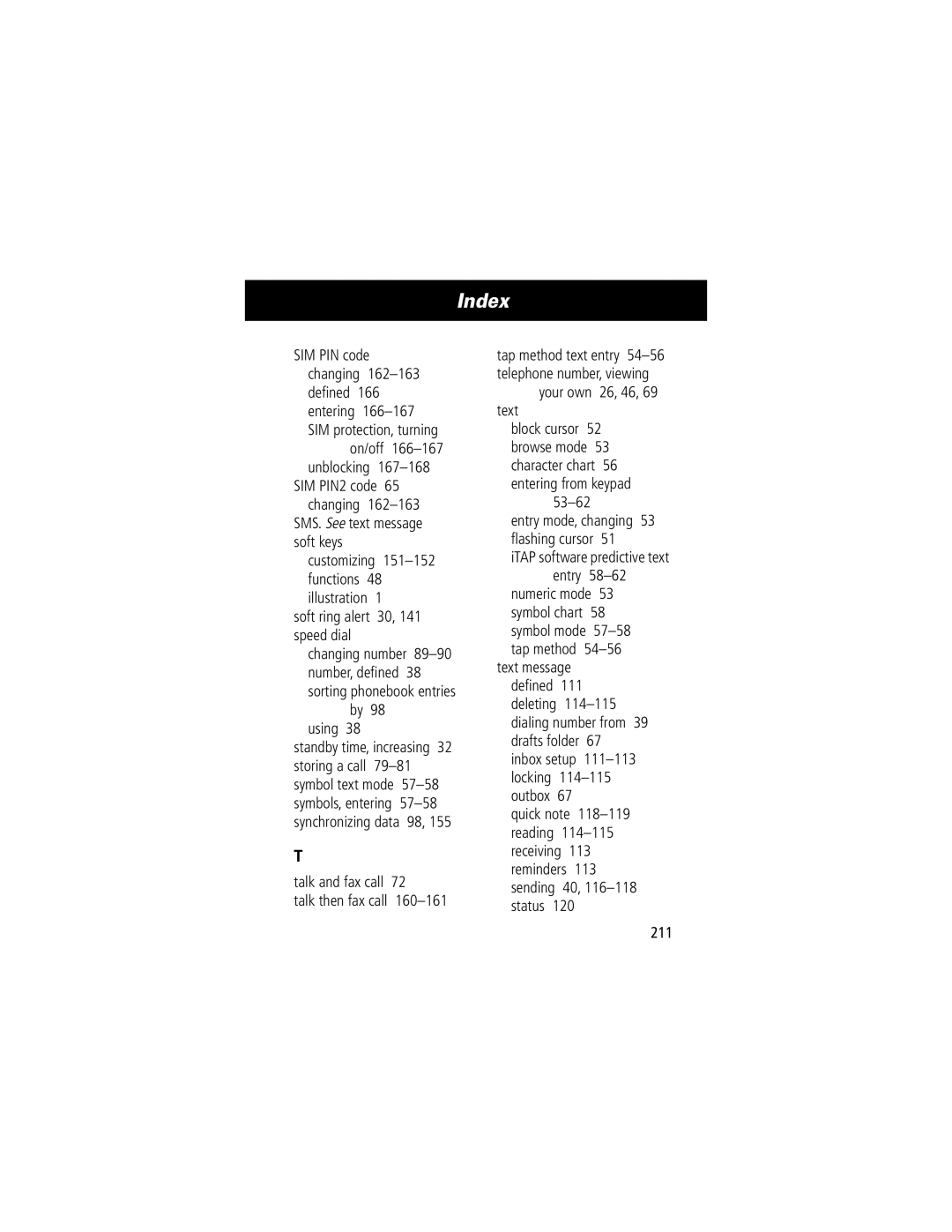 Motorola 280 manual Using, Talk and fax call Talk then fax call, Your own 26, 46 Text, 211 