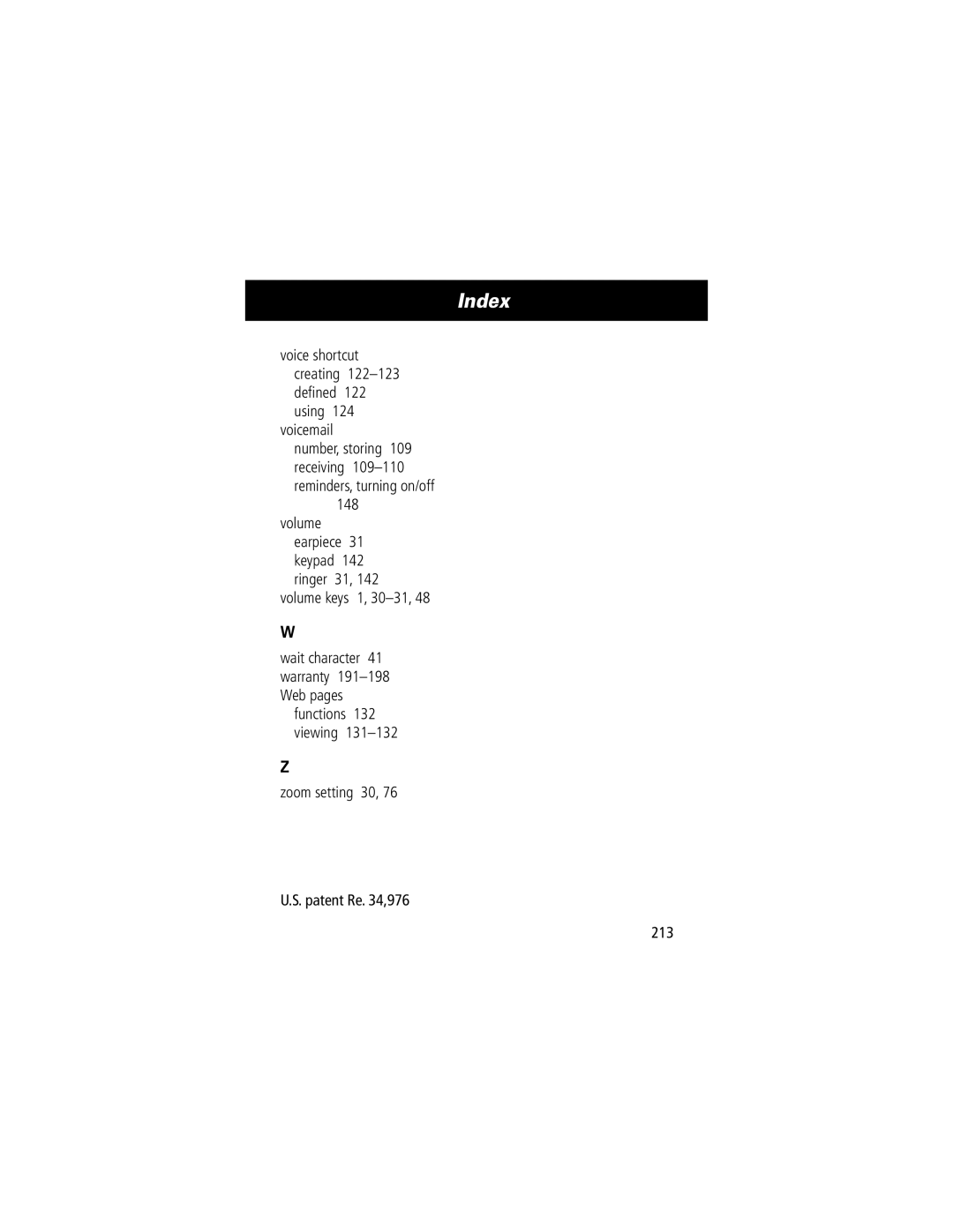 Motorola 280 manual Voice shortcut creating 122-123 deﬁned 122 using Voicemail, Volume keys 1, 30-31 