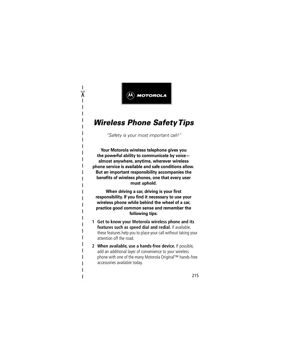 Motorola 280 manual Wireless Phone Safety Tips, 215 