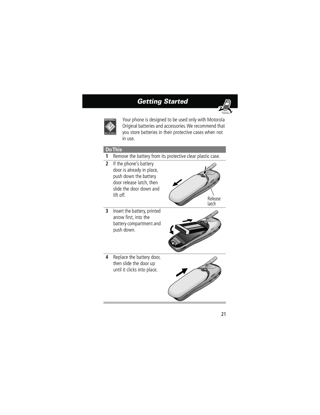 Motorola 280 manual Replace the battery door 