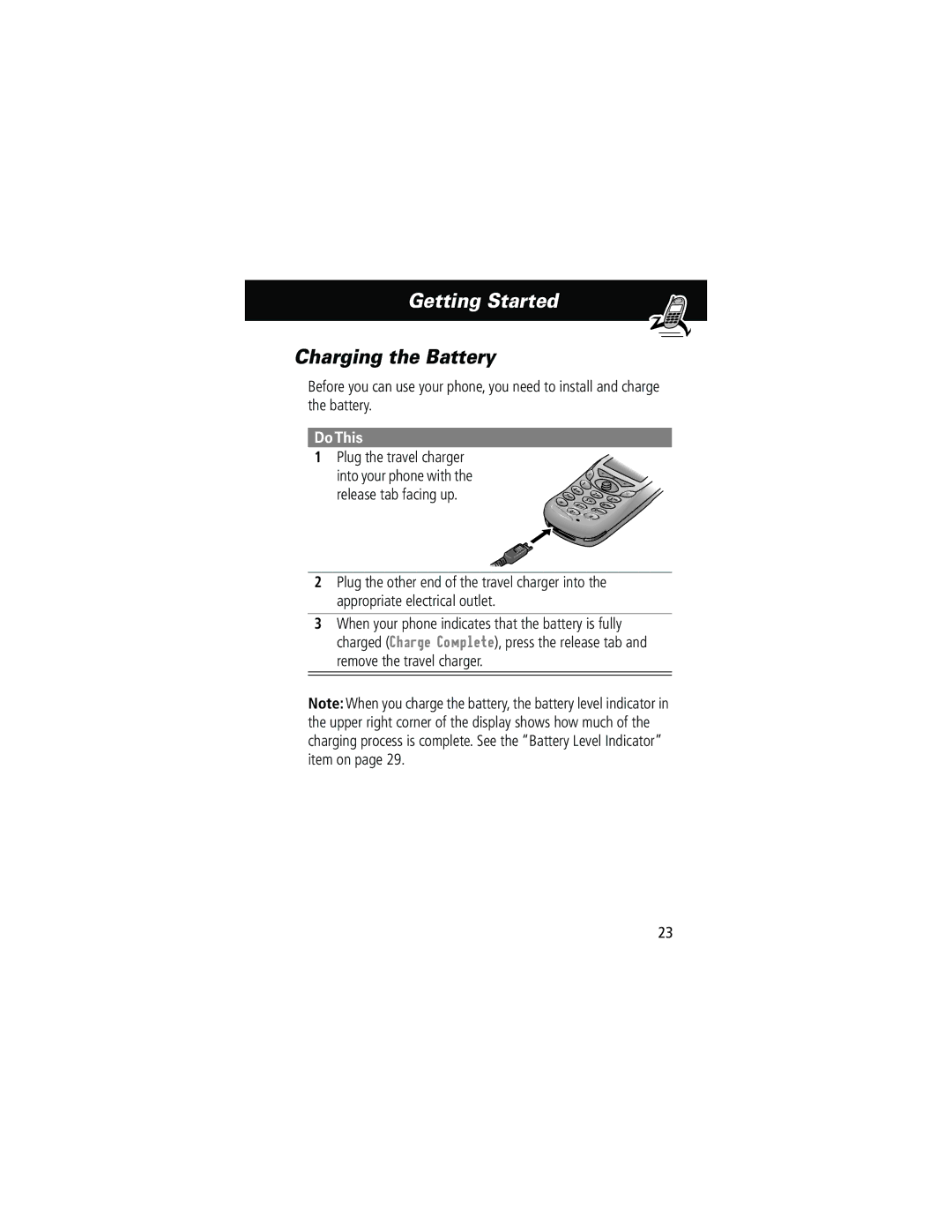 Motorola 280 manual Charging the Battery, Plug the travel charger 