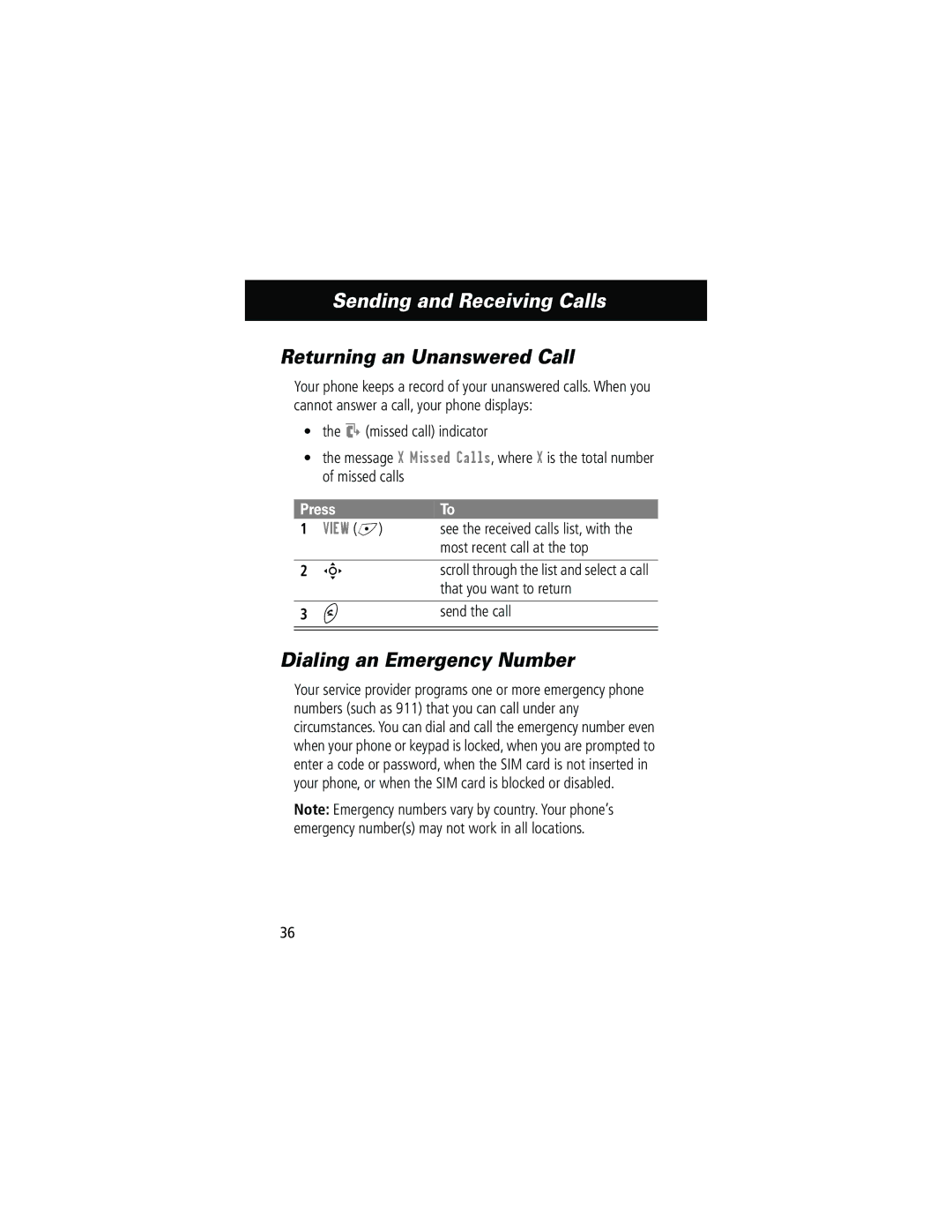 Motorola 280 manual Returning an Unanswered Call, Dialing an Emergency Number, View +, Most recent call at the top 