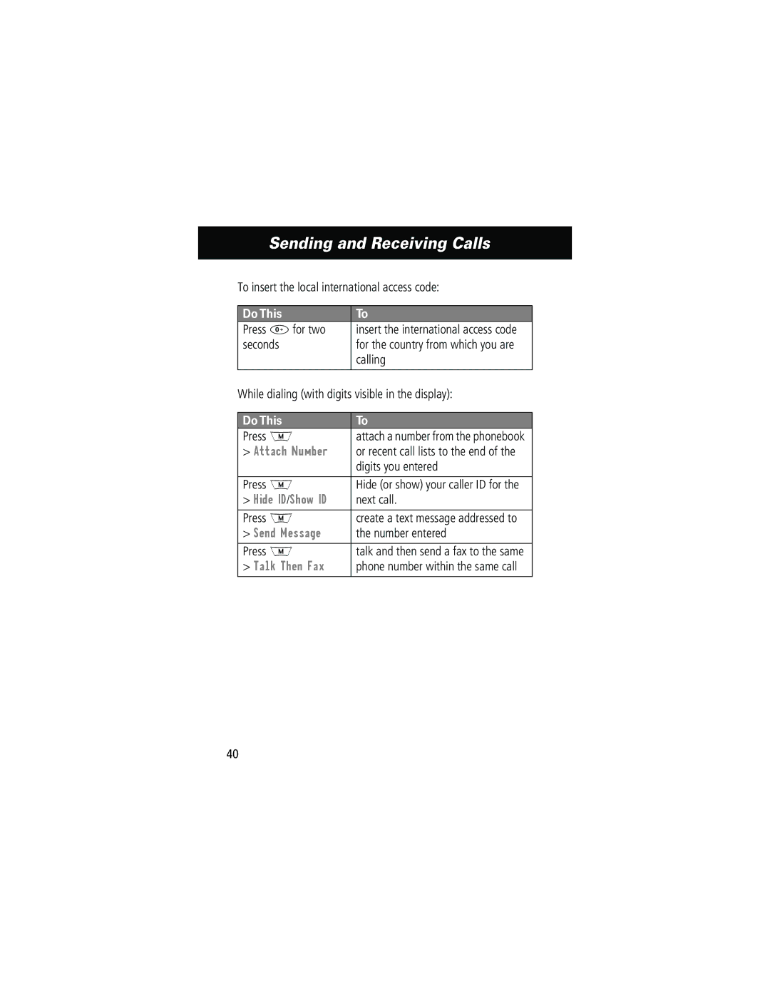 Motorola 280 manual Attach Number, Hide ID/Show ID, Send Message, Talk Then Fax 