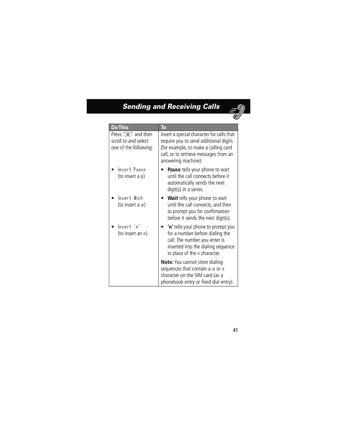 Motorola 280 manual Insert Pause, Insert Wait, Insert n 