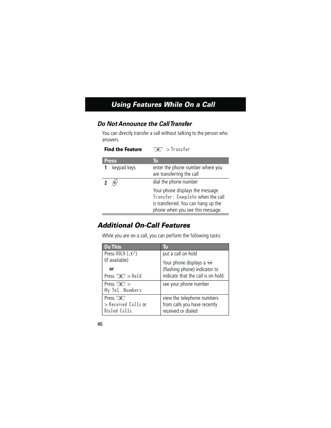 Motorola 280 manual Additional On-Call Features, Do Not Announce the CallTransfer, My Tel. Numbers 