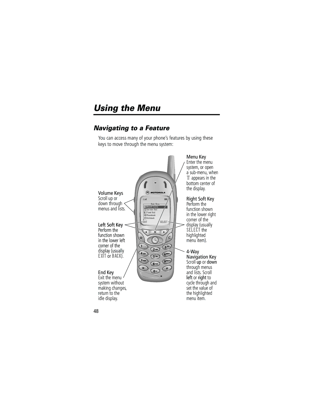 Motorola 280 manual Using the Menu, Navigating to a Feature, Exit or Back, SELECTcorner of the display usually Select 