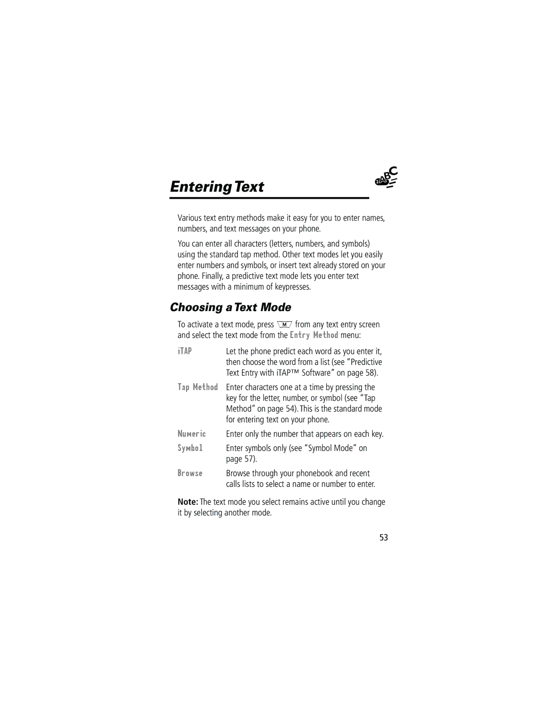 Motorola 280 manual Entering Text, Choosing a Text Mode 