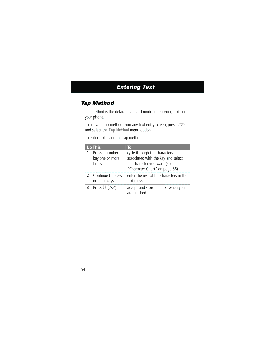 Motorola 280 manual Entering Text, Tap Method 