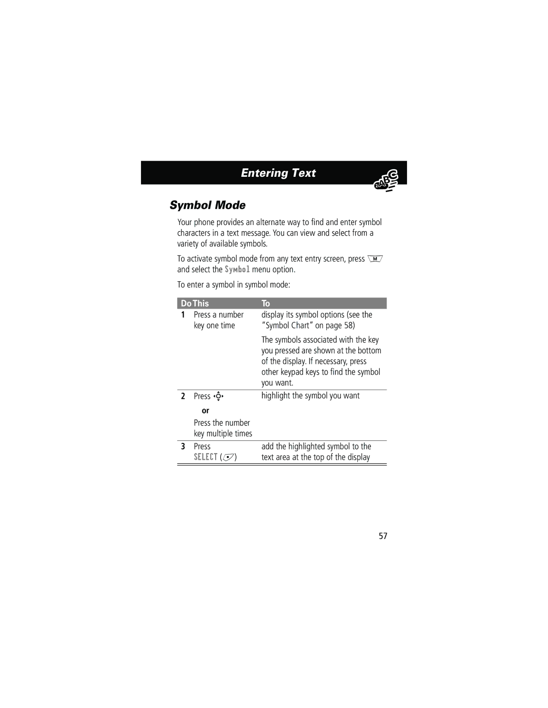 Motorola 280 manual Symbol Mode 