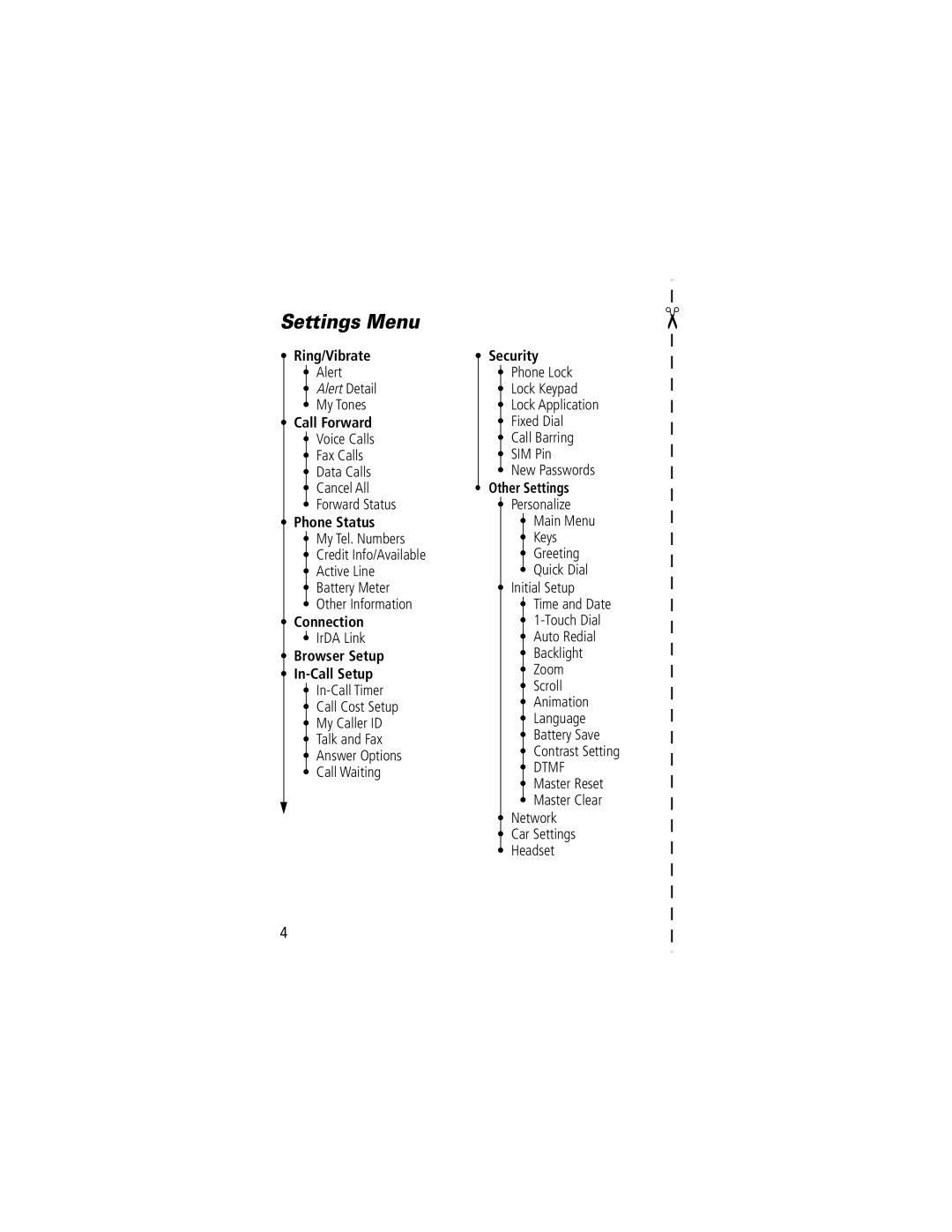 Motorola 280 manual Settings Menu 