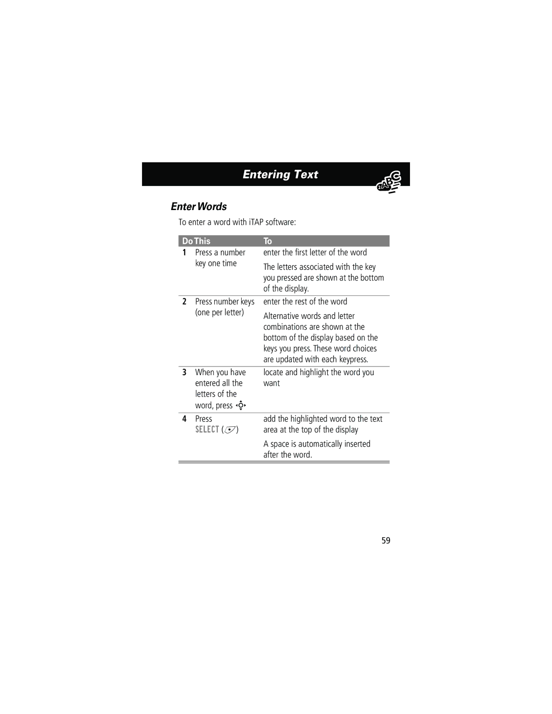 Motorola 280 manual Enter Words 