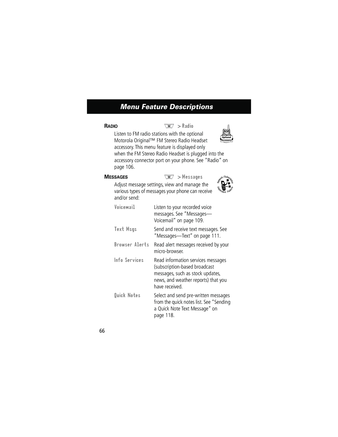 Motorola 280 manual Voicemail, Text Msgs, Browser Alerts, Info Services, Quick Notes 