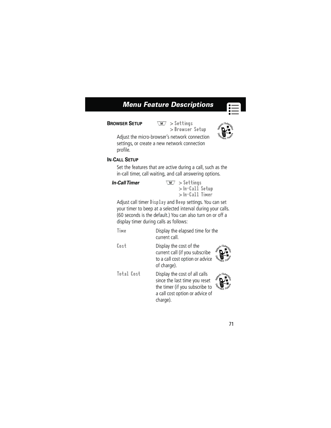 Motorola 280 manual In-Call Timer, Current call, Cost 