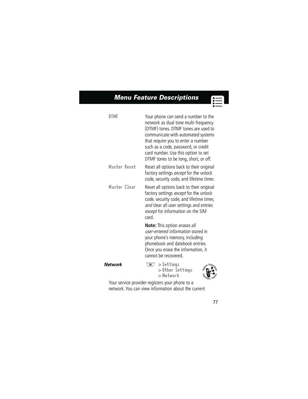 Motorola 280 manual Master Reset, Master Clear, Your phone’s memory, including, Cannot be recovered, Other Settings Network 
