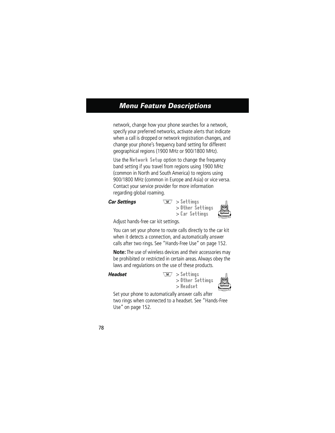 Motorola 280 manual Car Settings, Adjust hands-free car kit settings, Headset 