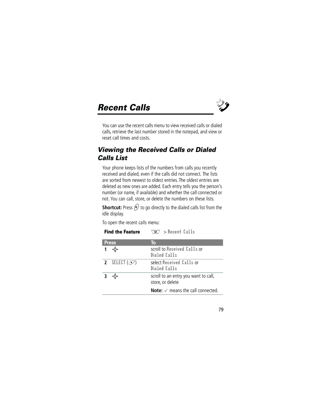Motorola 280 Recent Calls, Viewing the Received Calls or Dialed Calls List, Scroll to Received Calls or, Store, or delete 