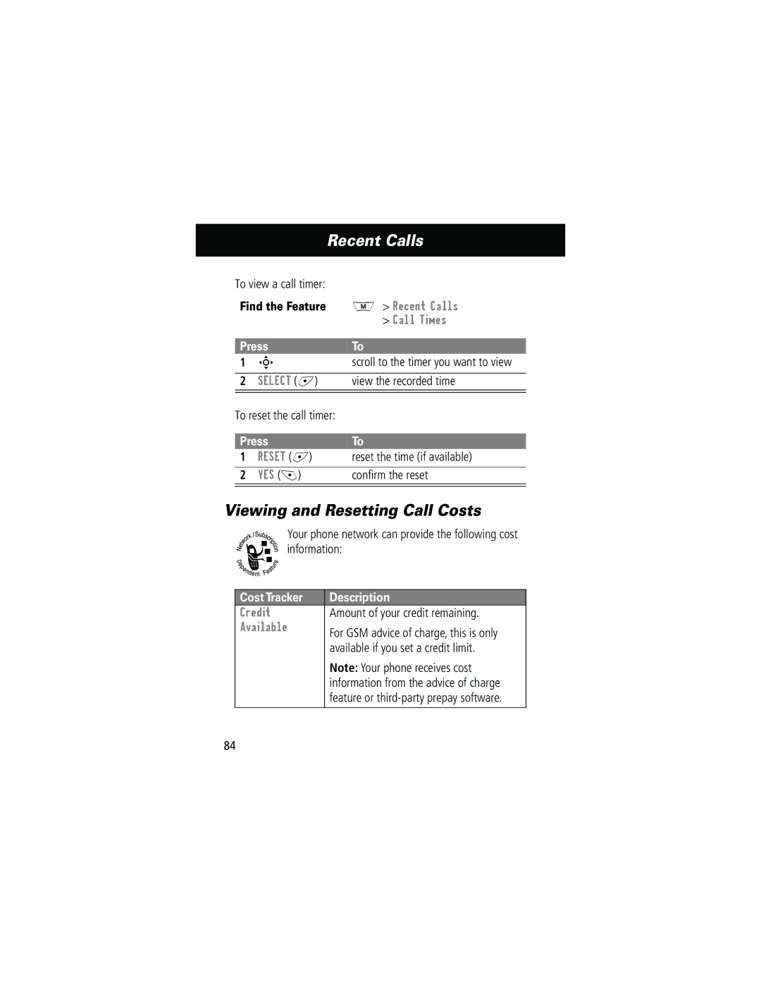 Motorola 280 manual Viewing and Resetting Call Costs, Cost Tracker Description 