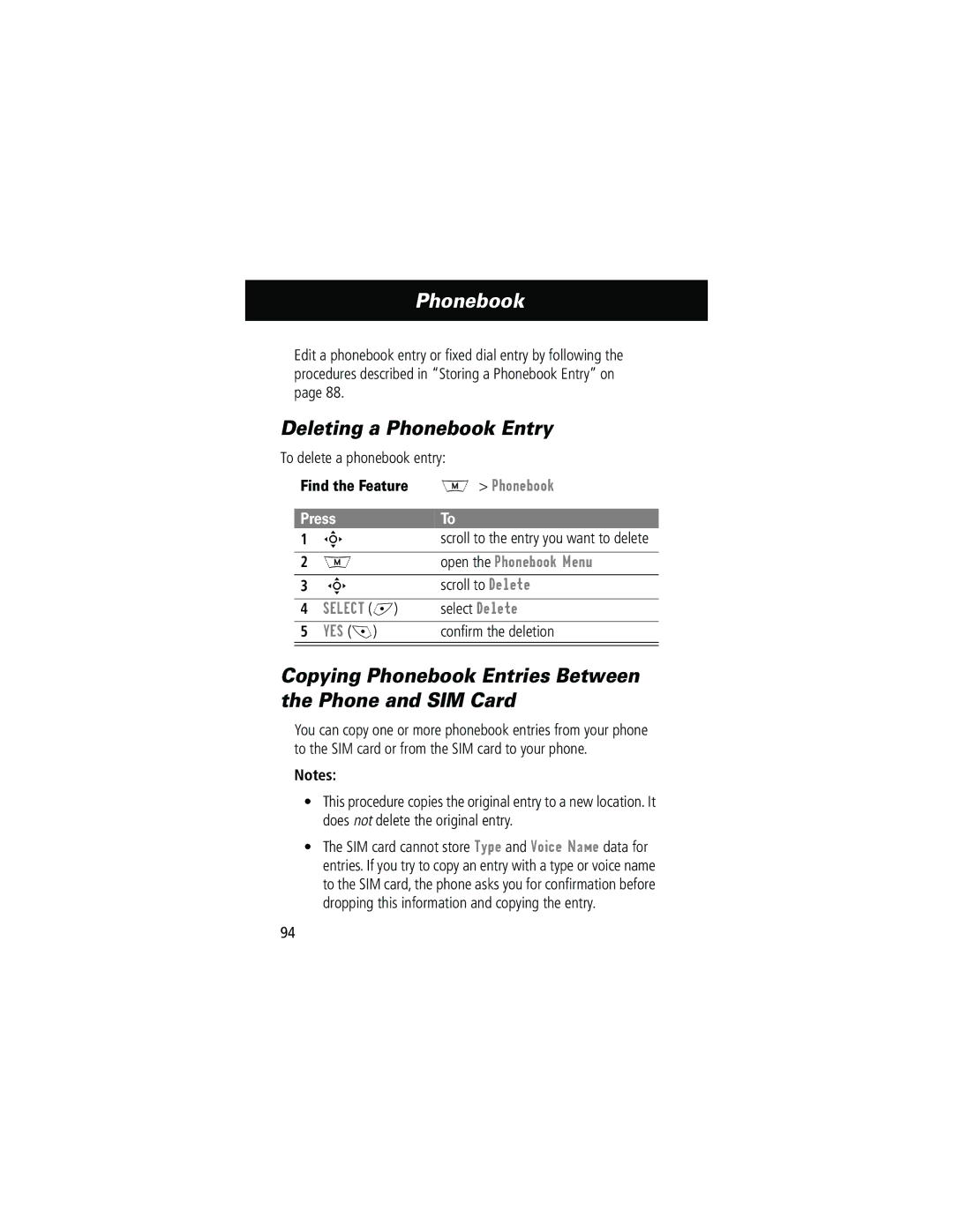 Motorola 280 Deleting a Phonebook Entry, Copying Phonebook Entries Between the Phone and SIM Card, Open the Phonebook Menu 